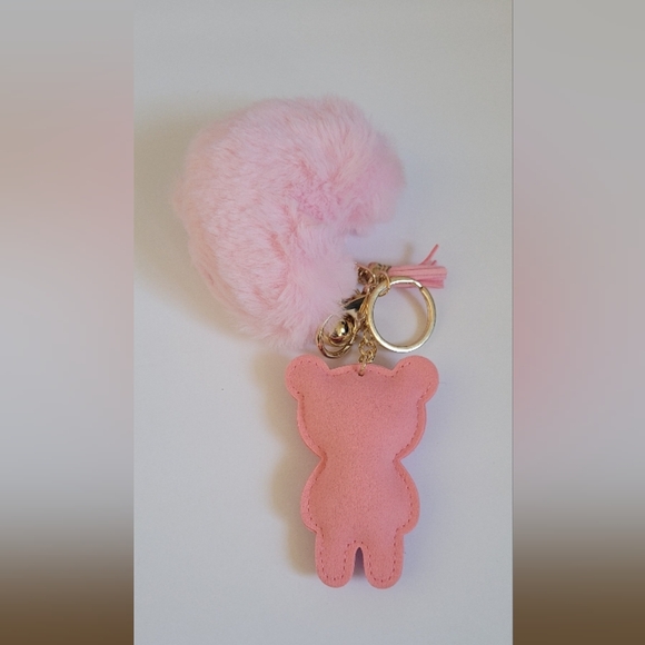 Pink Teddy Bear Tassel Fluffy Pom Pom Rhinestone Keychain Charm - Picture 4 of 5